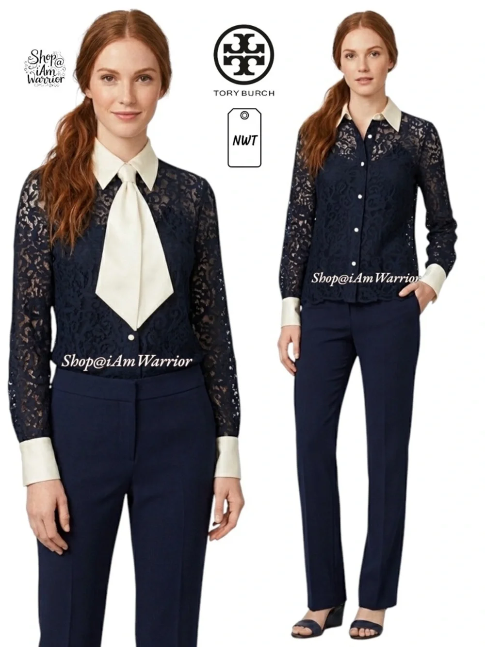 Tory Burch NWT navy lace blouse w/ ivory cuffs & collar with removable neck tie